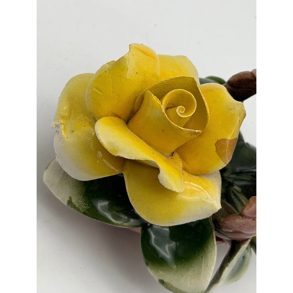 Vintage Capodimonte Porcelain Flower Basket with Bow Pink Yellow Roses Figurine